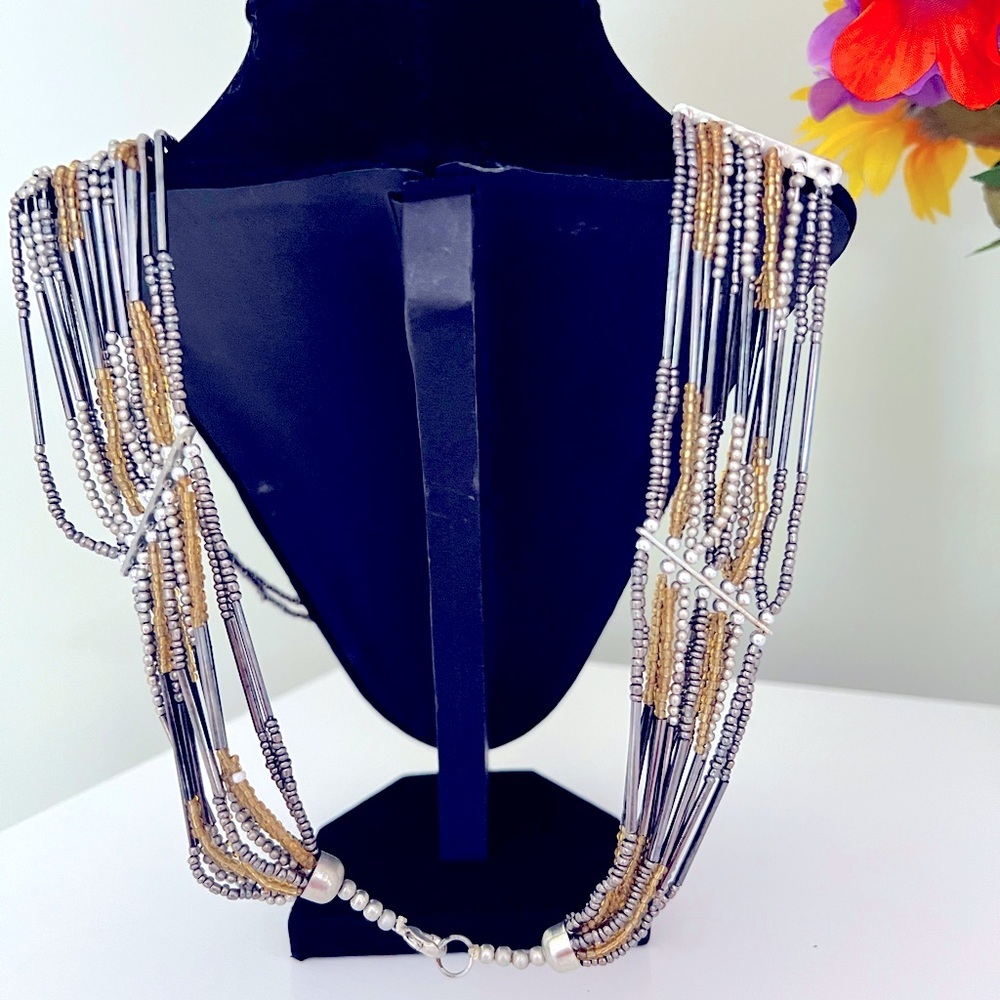 Elegant Multi-strand Gold and Silver Delicate Beaded Necklace - Picture 3 of 3